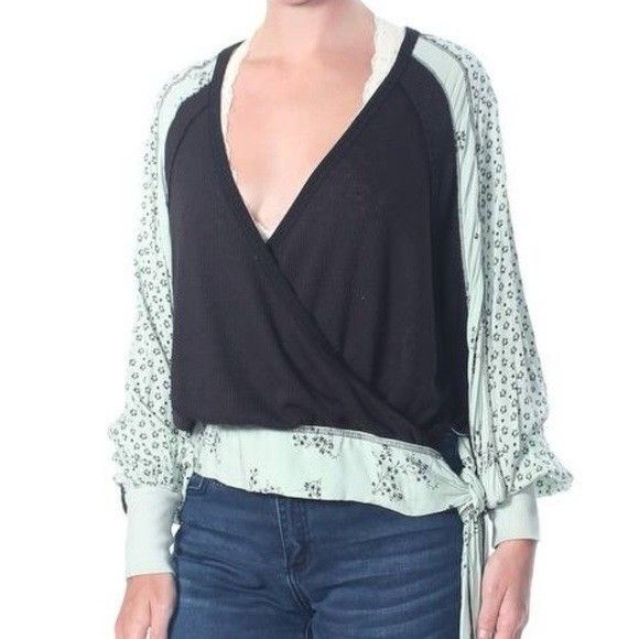 Free People Woman’s Boho Wrap Top‎ Black Mint Floral Mixed Print Blouse Size M - Picture 1 of 8